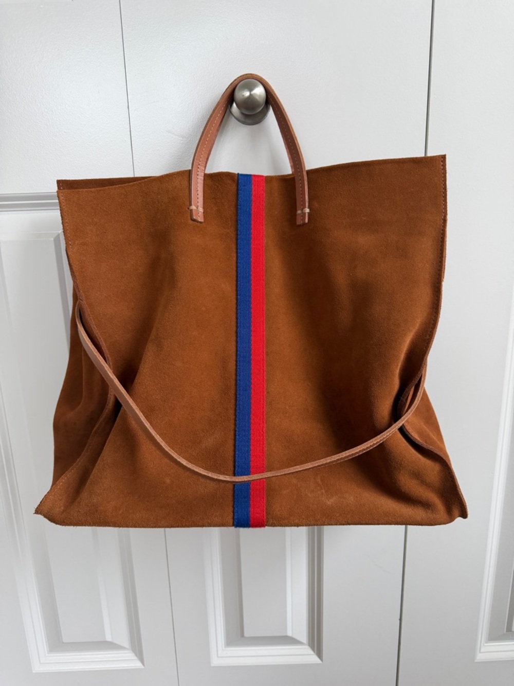 Clare V Brown Suede Tote Bag with Red & Blue Stripe - Men - Picture 3 of 4